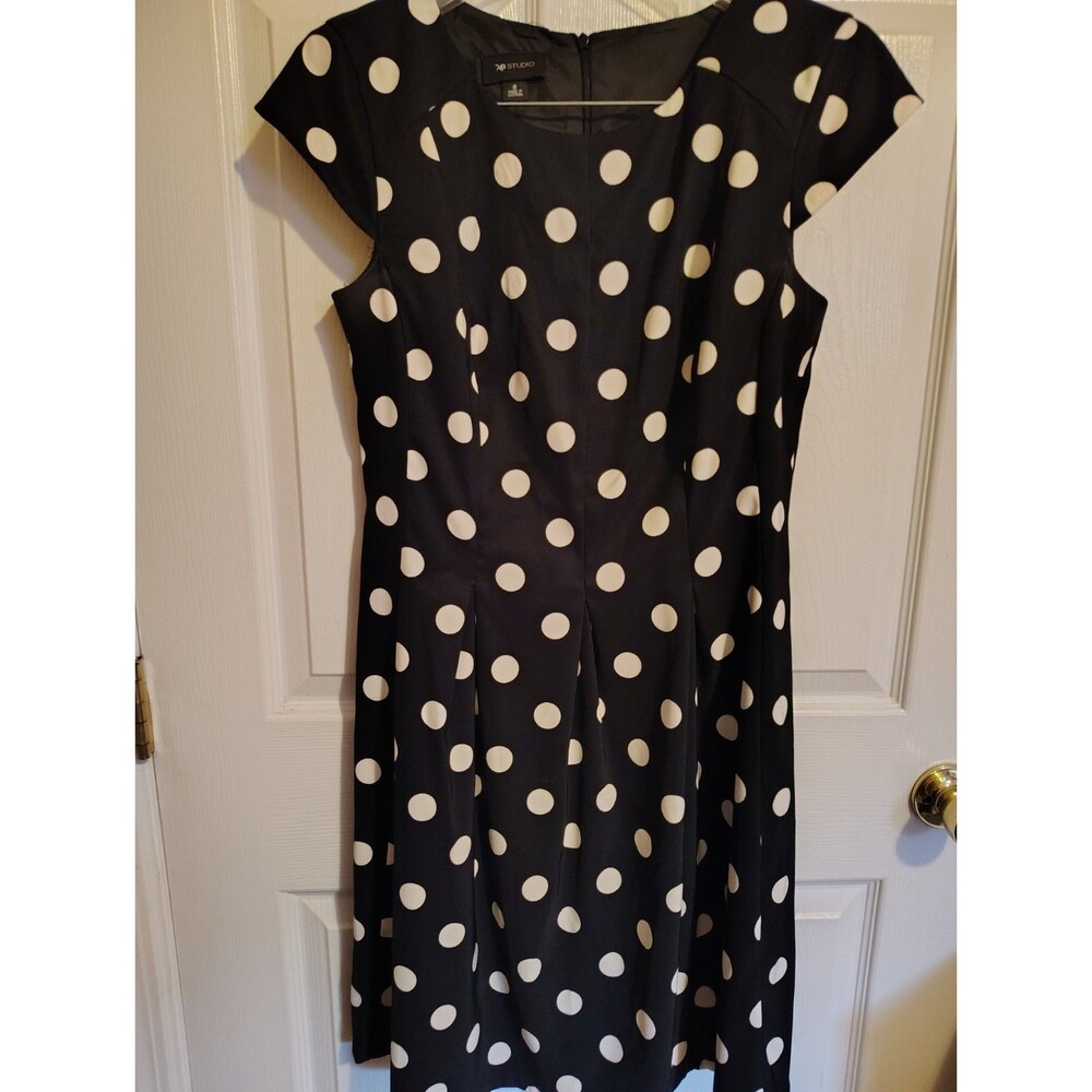AB Studio Women's 8 Black White Polka Dot Round Neck Cap Sleeve A-Line Zip